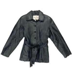 Vtg Gianni Ferrara Women 90s Belted Leather Jacket Black L Quilted lined Grunge